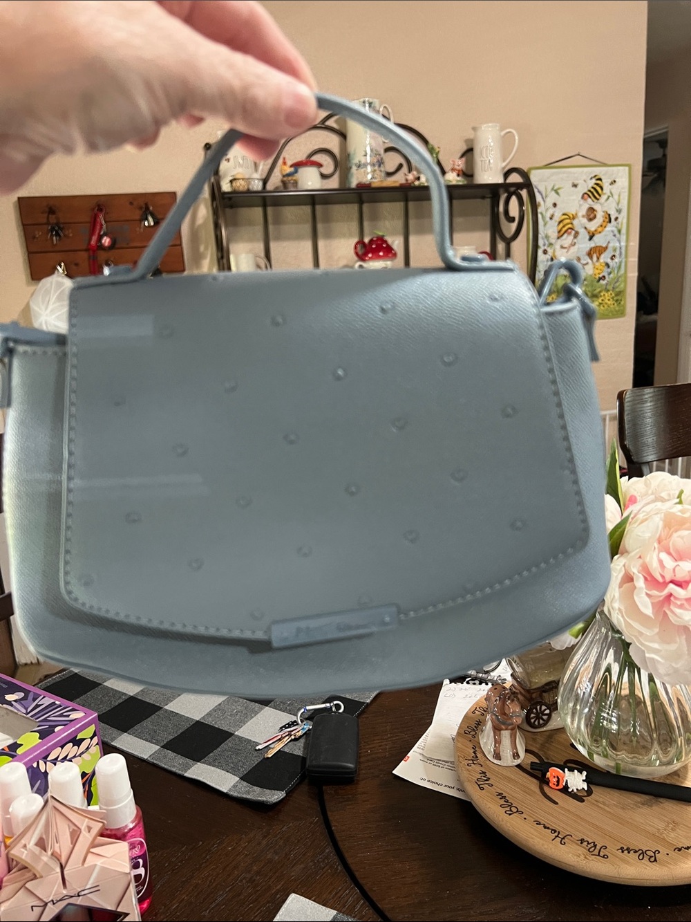 NWOT Betsey Johnson Powder Blue Heart-Embossed Satchel with Chain Strap